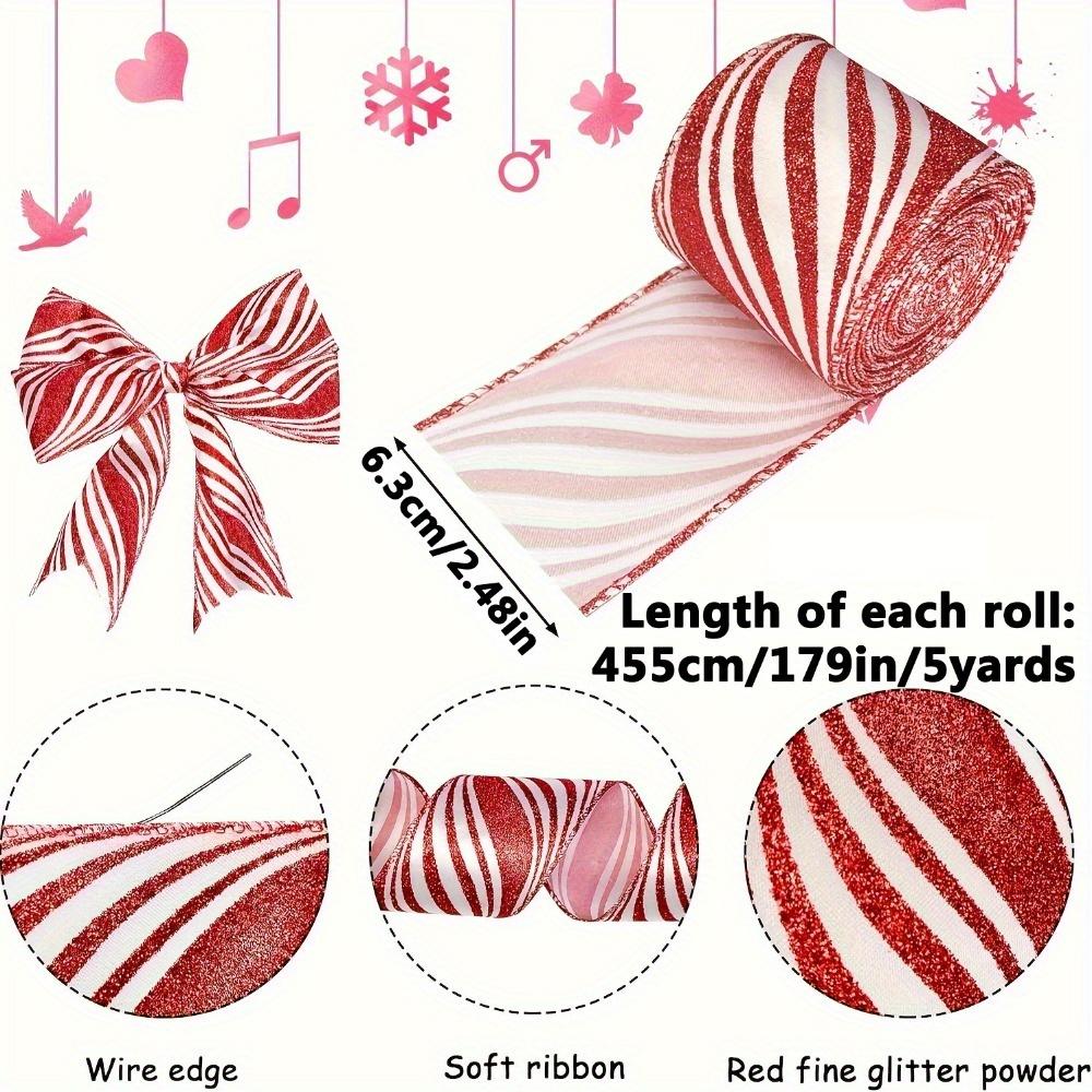 2pcs Red White Striped Christmas Ribbon with Wired Edge DIY Craft Gift Wrapping Wreath Bows Holiday Decorations 5 Yards Each Wired Ribbon for Wreaths
