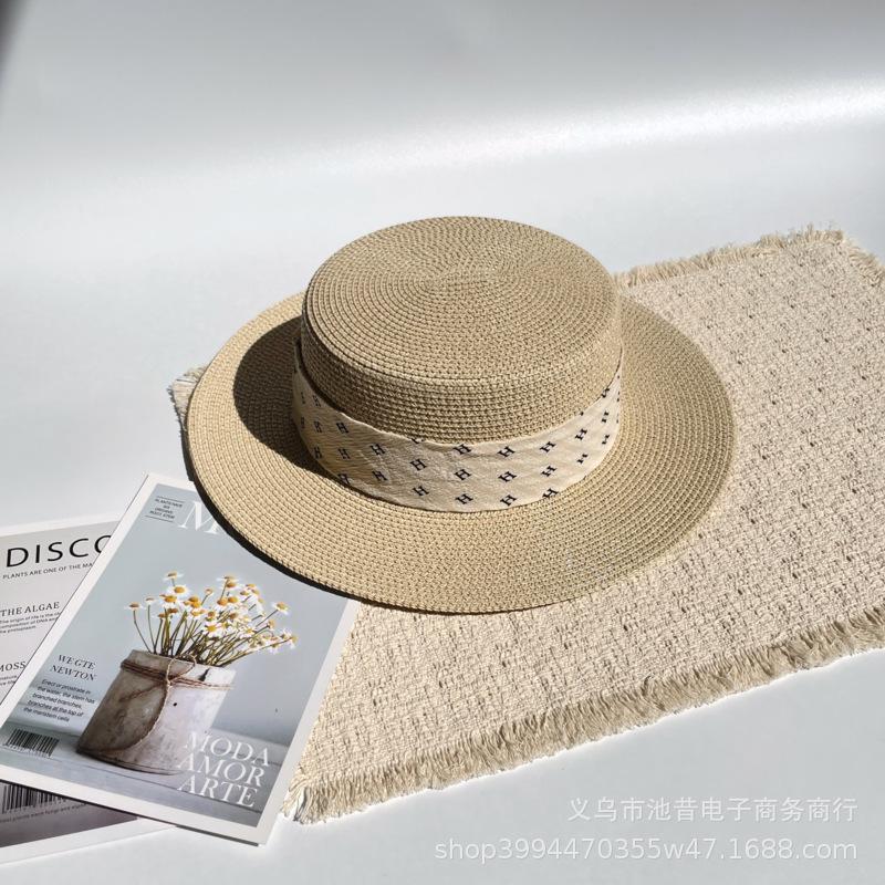 Small fresh letter webbing flat top straw hat female summer seaside photo shoot sun protection shade sand sun hat male