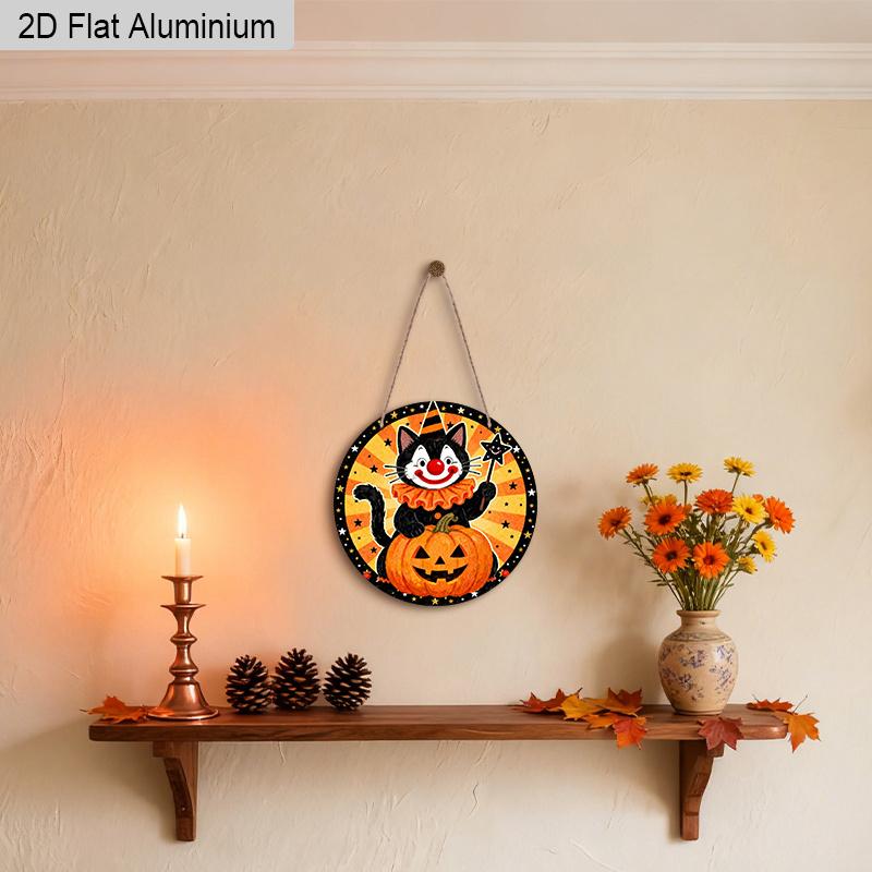 2D Flat Aluminium Halloween Sign with Black Cat & Pumpkin Pattern - Halloween Figurine Ornaments - Ideal for Front Door, Wall, Porch, Fence Decor