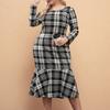 Autumn French Fashion Temperament Retro Plaid Dress Women Plus Size Long-sleeved Ruffled Fishtail Dress