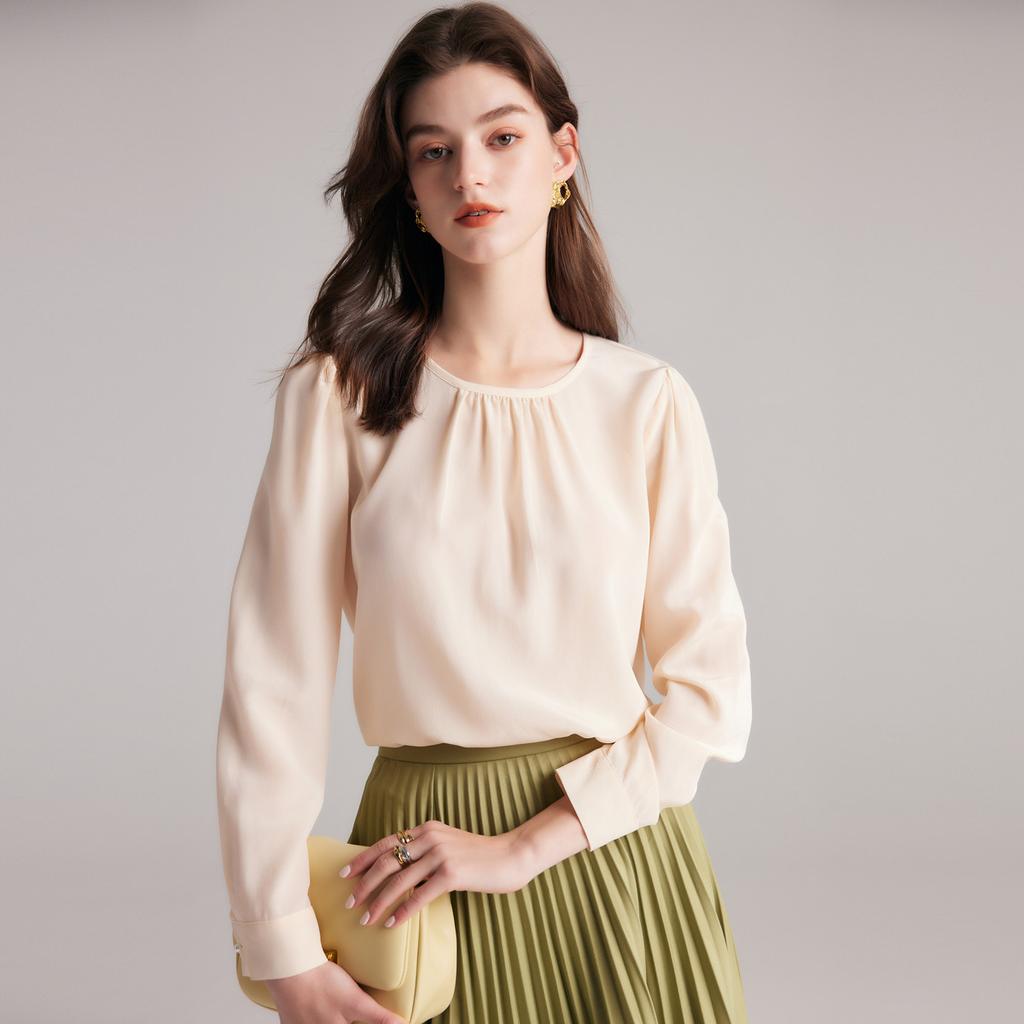 100% Mulberry Silk Spring Round Neck Simple Silk Long Sleeve Shirt for Women