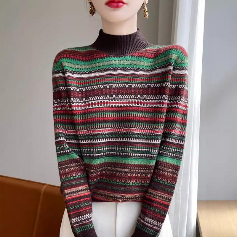 Semi-turtleneck Retro Jacquard Sweater Women's Autumn and Winter New Versatile Striped Bottoming Shirt Pullover Color Knitted Sweater