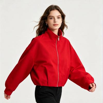 Dámská krátká červená bunda ve francouzském stylu se stojáčkem na zip Ležérní univerzální Streetwear