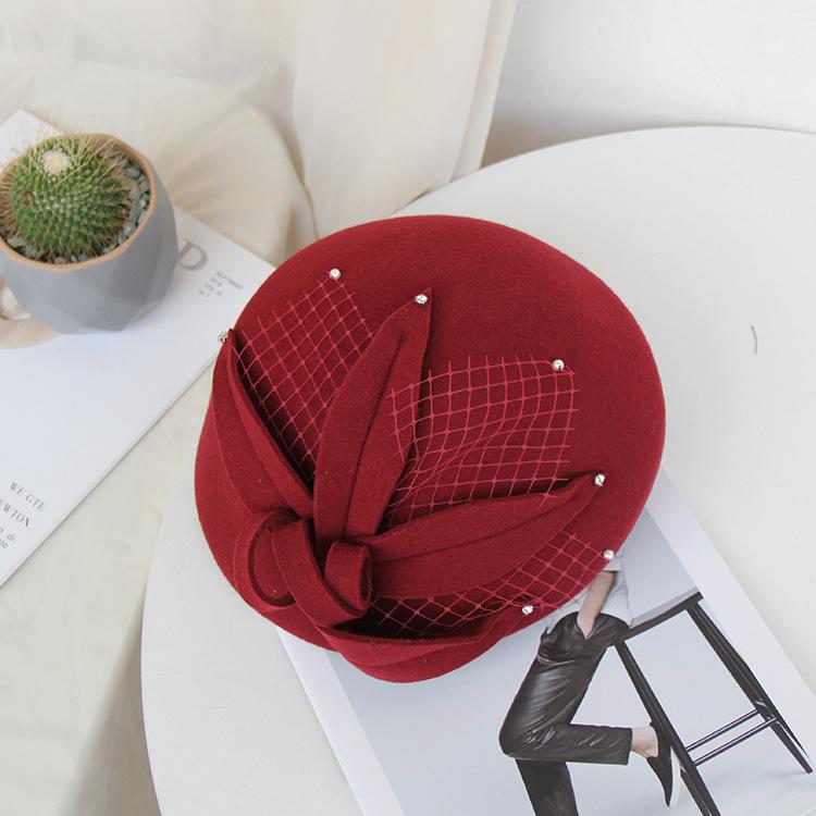 Осенне-зимний Британский Ретро Цветочный Шерстяной Цилиндр Женский Элегантный Темперамент Шляпа Стюардессы Корейская Версия Универсальный Берет M（56-58cm） бордовый