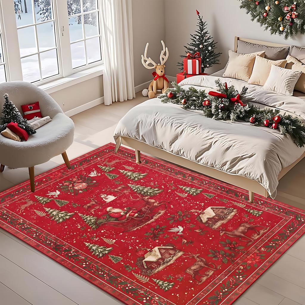 Floor Carpet Rug Pinecone Non Slip Christmas Garland Washable Red Bauble Rustic Retro Dining Room Apartment Decor