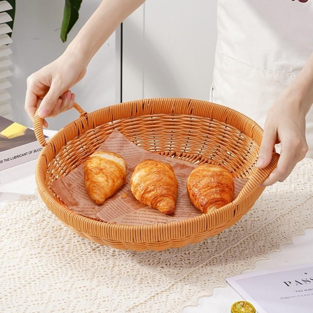 New Round Shape Rattan Basket with Handle Handwoven Storage Tray Portable Multi-purpose Storage Basket Tabletop Display
