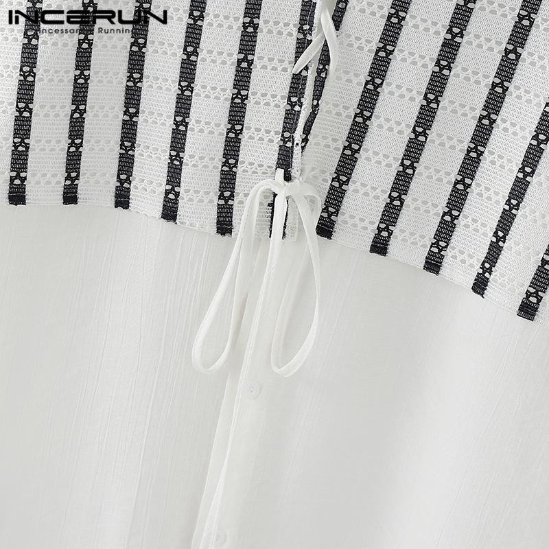 INCERUN Herren Reverskragen Kurzarm Gestreift Spitze Patchwork Lässig Oversized Hemden
