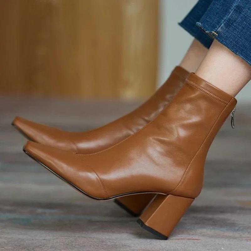Fashion 2024 Vintage Square Toe High Heels Ankle Boots for Women Brown Pu Leather Zipper Short Boots Woman Autumn Thick Heel Booties