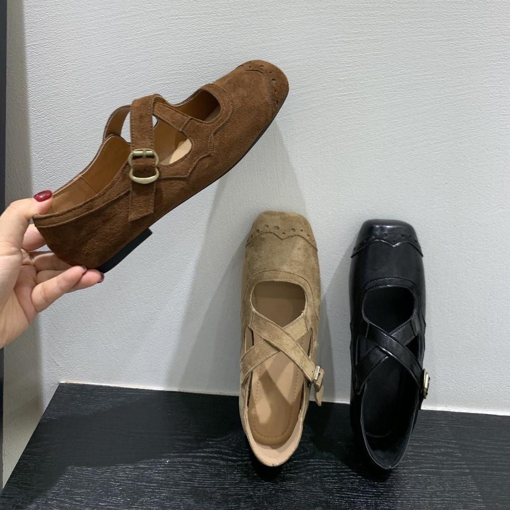 Korean version of niche flat-bottomed crossed Mary Jane shoes, early autumn retro brown square head ballet