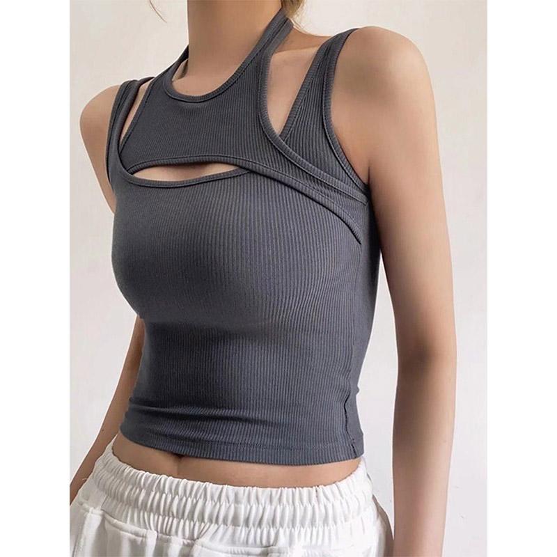 Asymmetrical Crop Top Y2k E-girl Hollow Out Knitted Corset Top Sleeveless O Neck Mini Vest Basic Casual Sporty  Summer