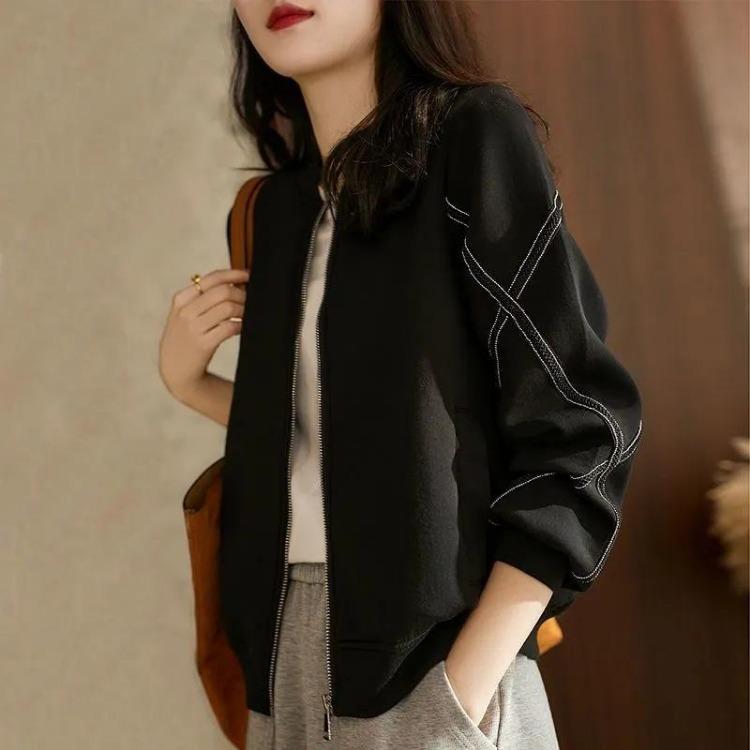 Autumn Comfortable Women Jacket Slim Zipper Outerwear Coat Lapel Standing Simple Casual M чёрный