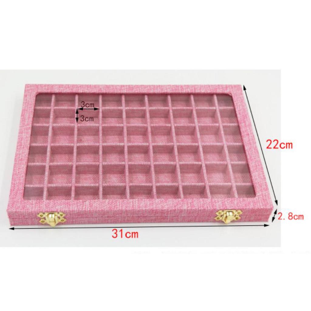 54 Grids Clear Lid Jewelry Tray Showcase Display Storage Linen Case Yellow