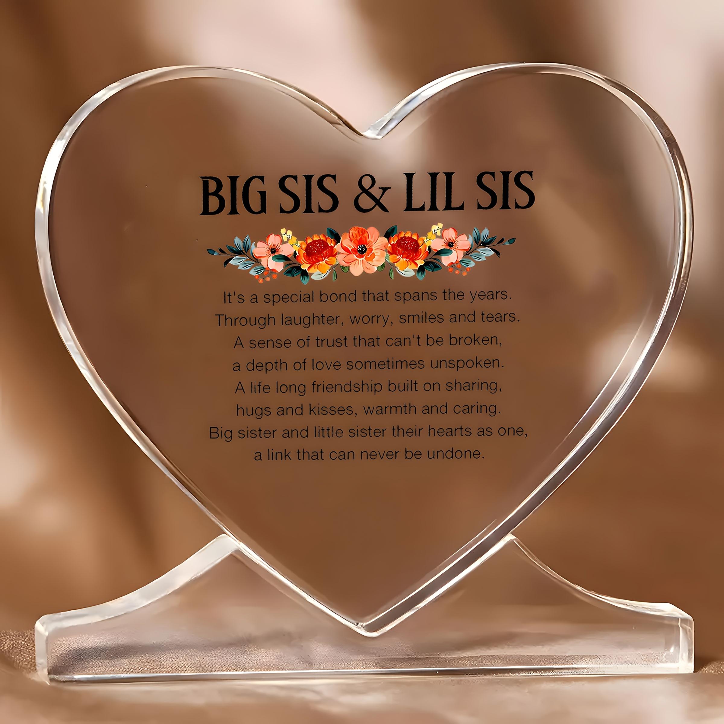 

Big Sister & Little Sister Gift - Floral Design Acrylic Heart-Shaped Keepsake with Emotional Text, Pink-Green Modern Tabletop Decor, Unbreakable Bond 10.9*10.4cm