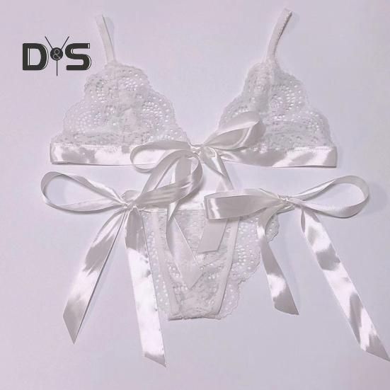 2 Pcs/Set Bra Panties Set Lace Uo Bow knot See through Lace V Neck Spaghetti Strap Three Point Pornographic Lady Underwear Suit