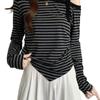 Women's Plus Size Off-the-Shoulder Striped Long-Sleeve Top - Slimming, Belly Concealing, Versatile for Spring & Autumn 2025.