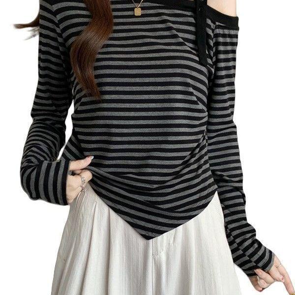 Women's Plus Size Off-the-Shoulder Striped Long-Sleeve Top - Slimming, Belly Concealing, Versatile for Spring & Autumn 2025.