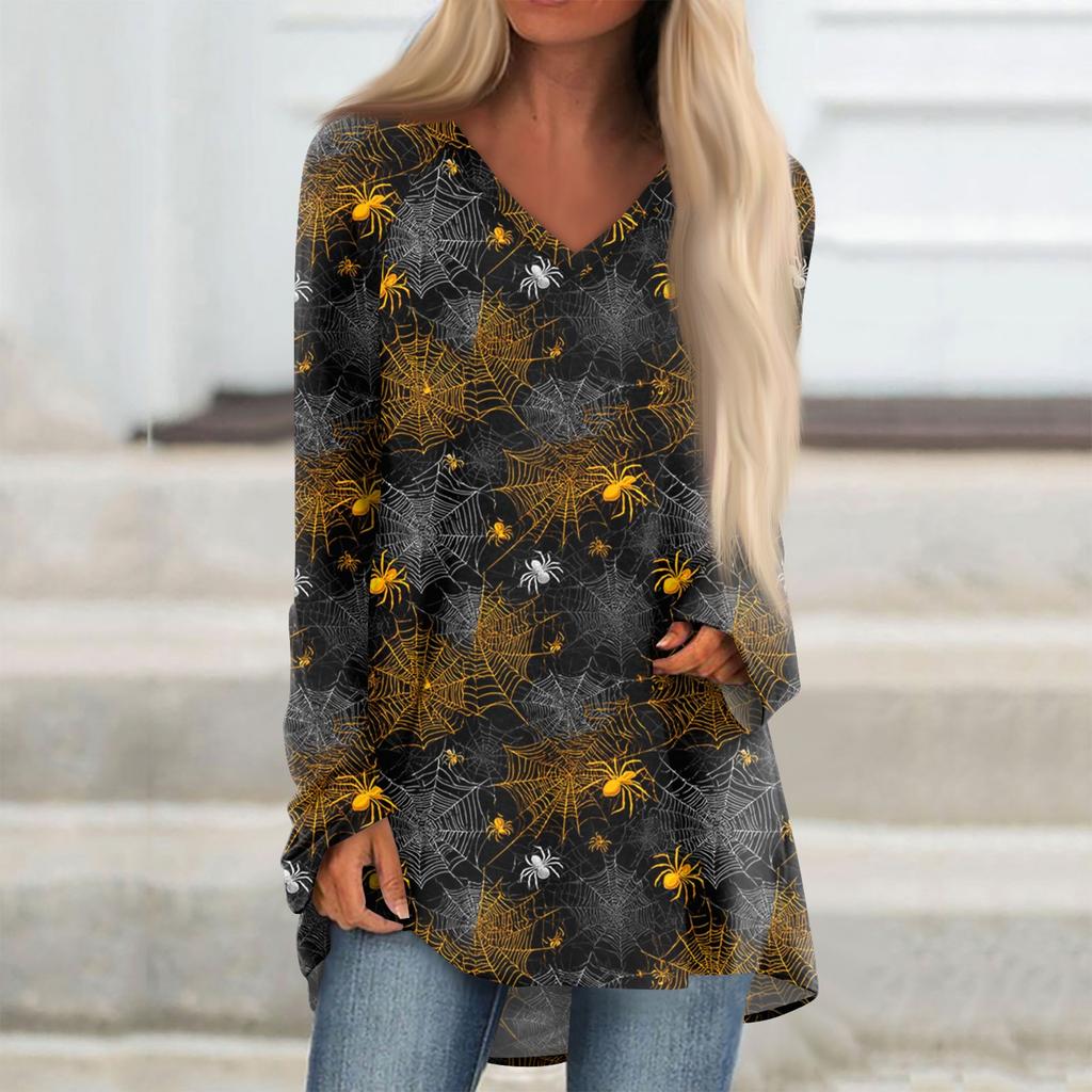 Ladies' Fashionable And Casual Halloween Printed T-shirt Long Sleeved V-neck Mid Length Top