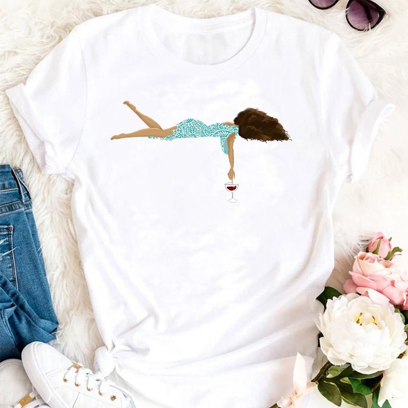 Women T Shirt Wine Glass And Starry Sky Print White Tshirt Female T-Shirt Fashion Short Sleeve Tee Tops Harjauku Cute Tshirt