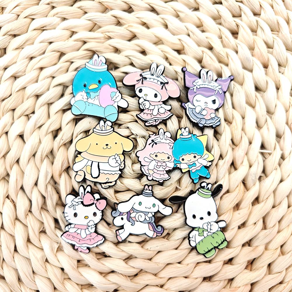 European & American Cartoon Brooch: Cinnamoroll, Pochacco, Kuromi, Hello Kitty with Green Plant Imitation Enamel Alloy Badge