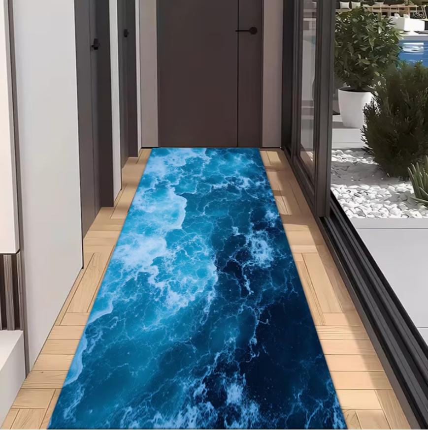 

1 Piece of Dynamic Blue and White Water Ripple Pattern Long Doormat Bathroom Anti Slip Pad Kitchen Interior Decoration Carpet 40X60CM