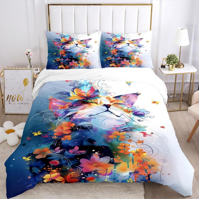 3pcs Colorful Elements Cat Pattern Bedding Set, 1* Cover + 2*Pillowcases, Printed Bedding Set, Soft and Comfortable, Suitable for Bedroom an