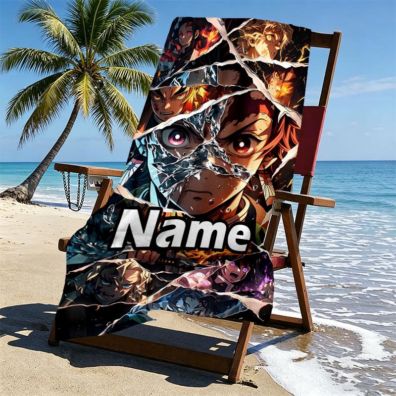 Custom Name Personalized Demon Slayer Print Beach Towel, for Trip Camping Beach Party Home Decor, Birthday Gift for Family & Friends