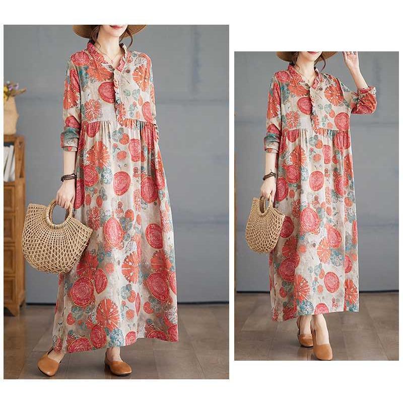 Vintage Printed Loose Lace Long Sleeve Hem Long Dresses