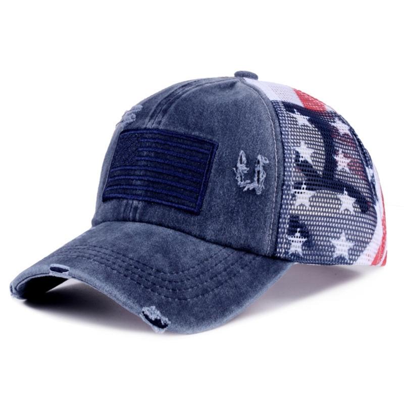 Distressed Wash Cotton Baseball Hat with Star Print Curved Brims Mesh Ponytail Sun Hat for Patriotic Women Teens Girl