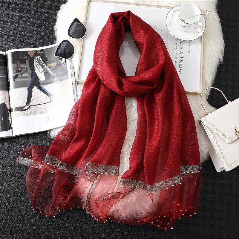 Fashion New Women Silk Cotton Blend Scarf Shawl Plain Soft Wild Beaded Turban Match Luxury Ladies Travel Sun Protection Scarves