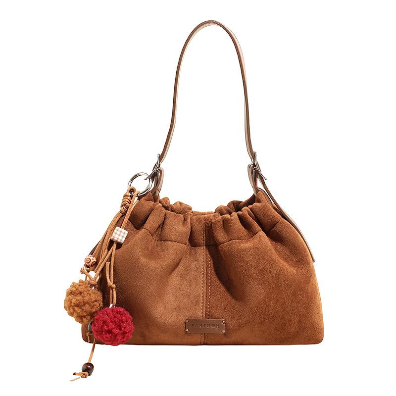 2025 niche suede handbag bag women's Korean pleated fashion retro shoulder messenger bag trendy dumpling bag