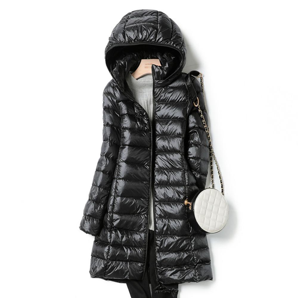 Women's Plus Size Mid‑Length Hooded Down Jacket Lightweight White Duck Down Puffer Coat Outerwear