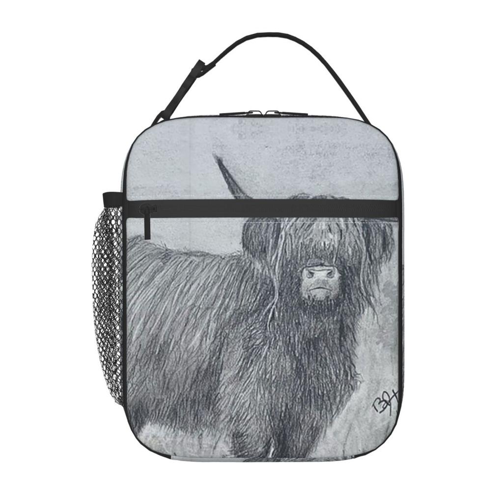 Grey Highland Yak Pattern Insulated Lunch Bag for Women Children Portable Food Boxes Thermal Lunch Box Tote
