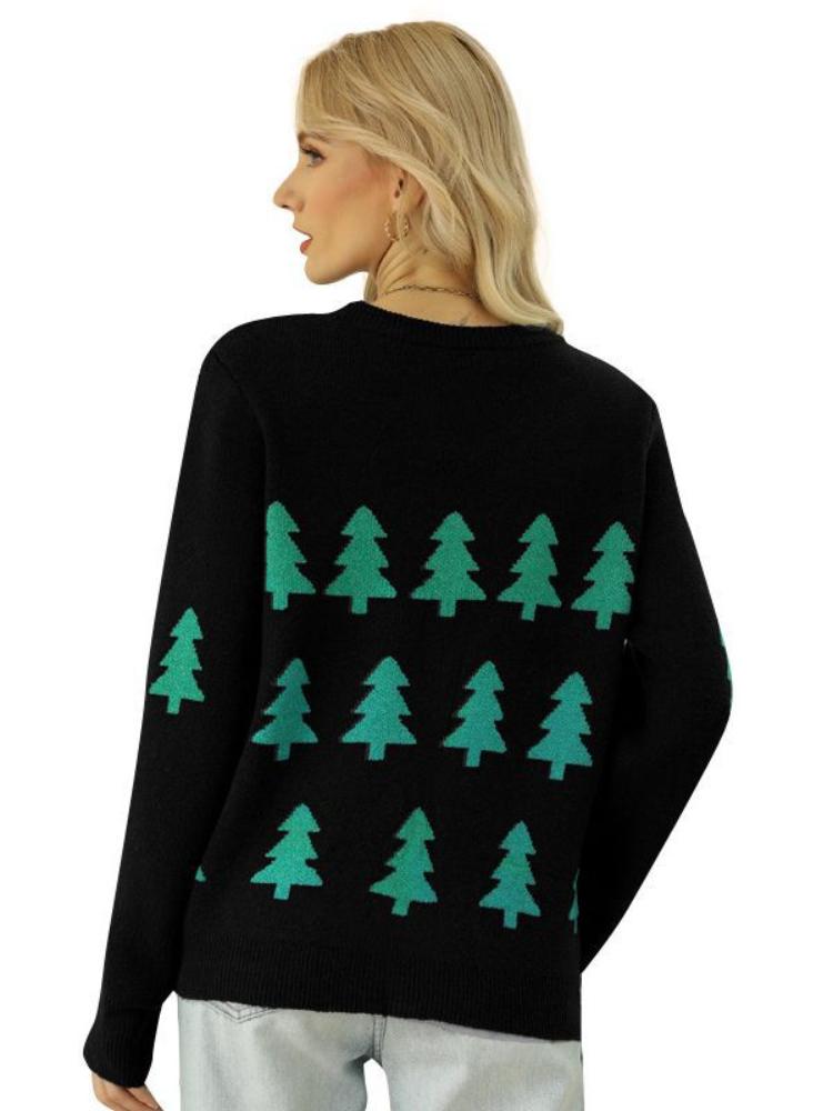 Women's autumn and winter pullover jacquard Christmas tree knitted sweater long sleeved red Christmas sweater