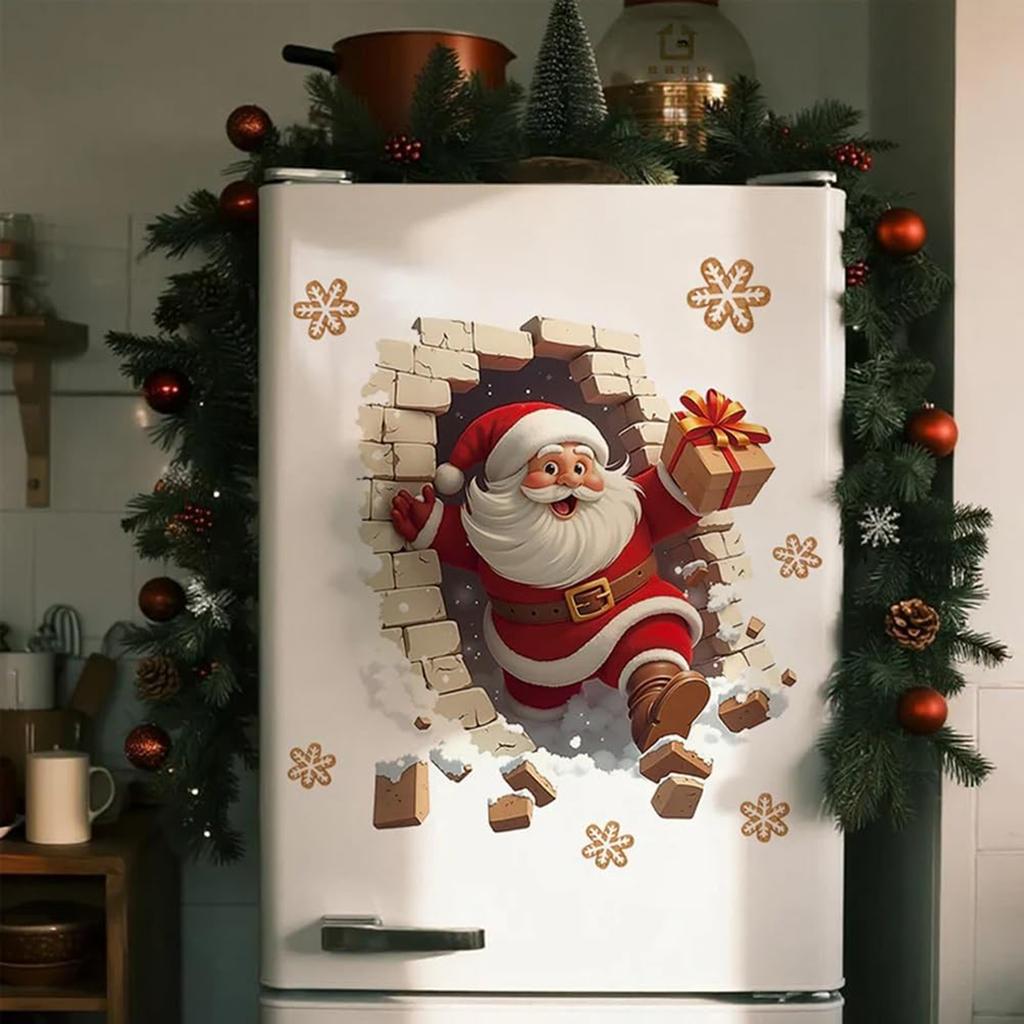 Santa  Breaking Through The Wall 3D Effect Wall Sticker, Christmas Sticker With Cartoon Design, New Creative Christmas Wall Sticker.