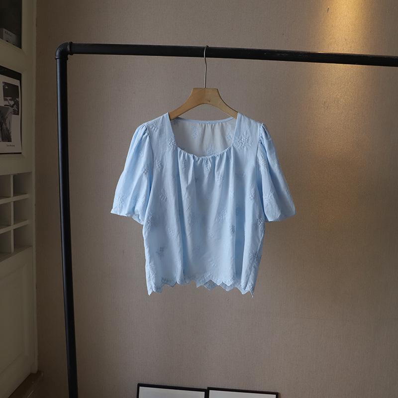 2025 Sommer Koreanischer Eckiger Ausschnitt Bestickt Kurzarm Damen Oberteil - Frischer Stil