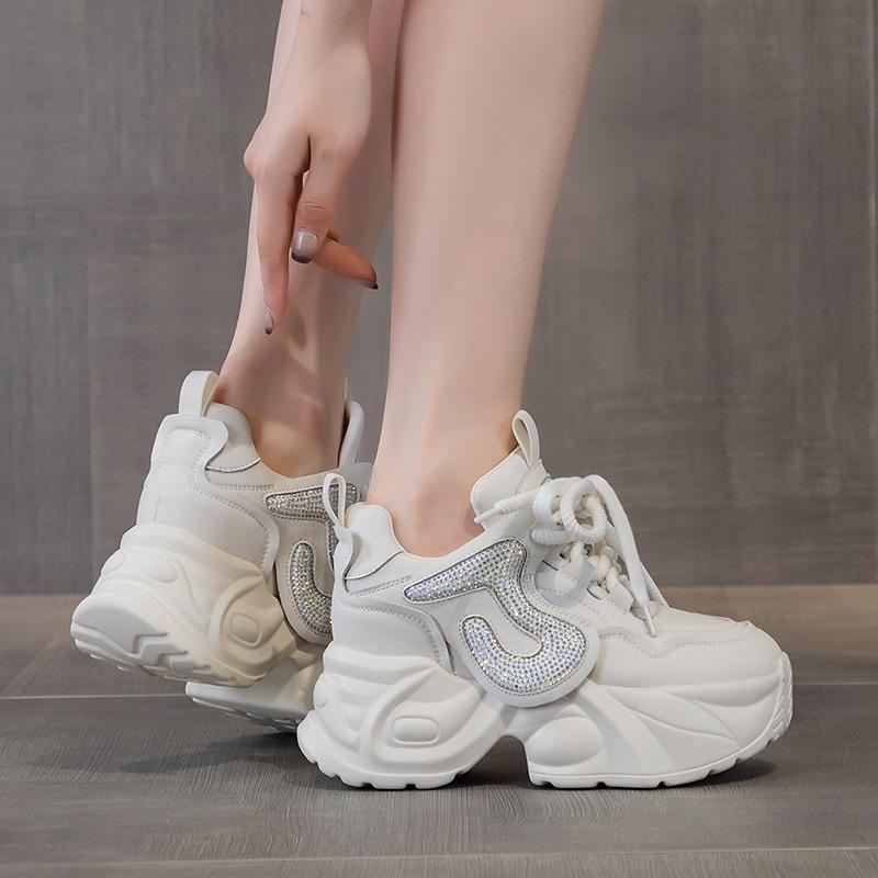 Fashion 7CM New Genuine Leather Platform Wedge Women Spring Autumn Chunky Sneakers 2024 Fashion Boots Bling Vulcanize Well-fitting Shoes