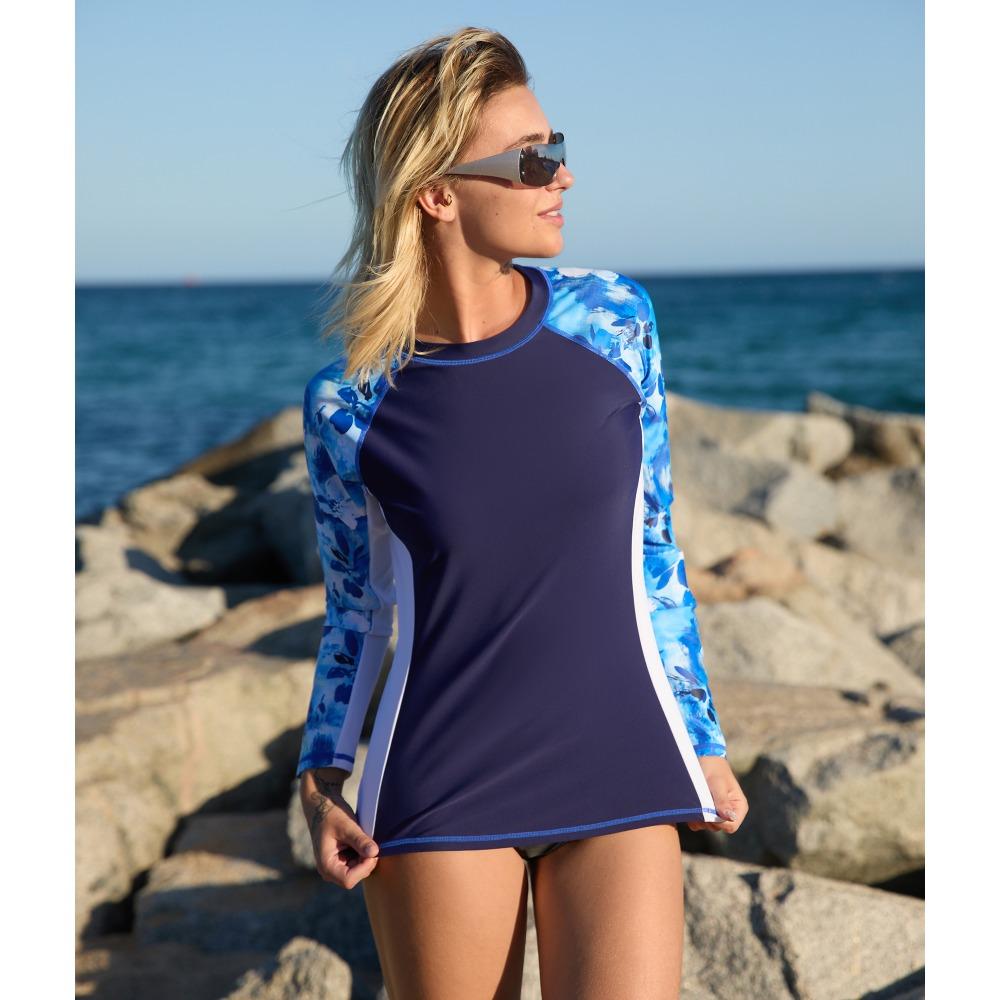 CHARMLEAKS Women Rash Vest Long Sleeve Tops Sun Protection UPF 50+ Beach Swimming Tops (No Bottom)