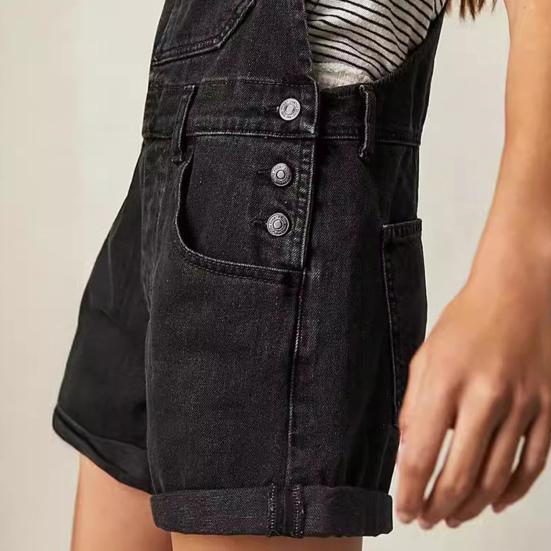 Women Suspender Jeans Denim Shorts Square Neck V-shaped Back Loose Pockets Adjustable Shoulder