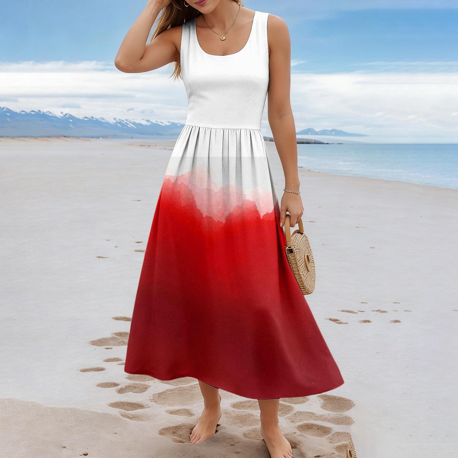 

Ladies gradient printed summer casual and fashionable sleeveless long dress XL червоний