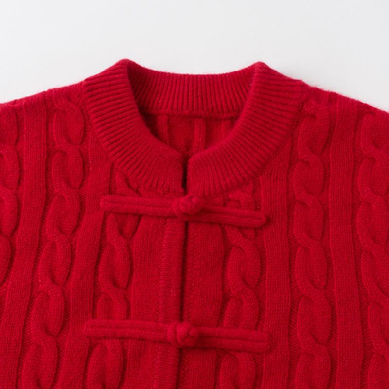 100% Pure Cashmere Red Cable Knit Cardigan - Round Neck, Thick Retro Chinese Style Sweater Coat for Mom.
