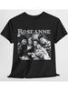 Men's Plus Size Retro Black T-Shirt Featuring Classic TV Show 'ROSEANNE' Design - Nostalgic Black and White Family Photograph with Bold White Letterin