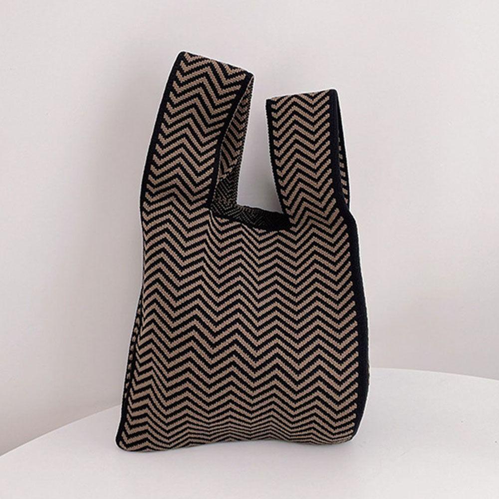 Plaid Mini Women Girls Casual Shopping Bags Knit Tote Bag Handmade Knot Wrist Bag