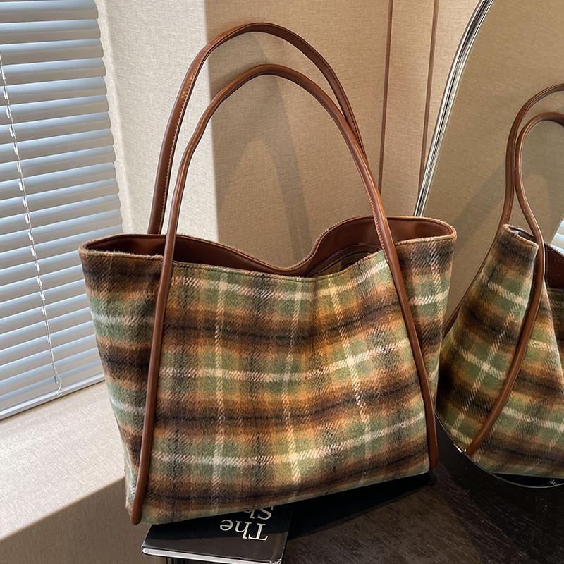 Ielgy Woolen Plaid Large-Capacity Tote Bag All-Match Casual One-Shoulder Class Com