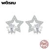 WOSTU 925 Sterling Silver Double Star Zircon Earrings For Women Bling Shiny CZ Hollow Out Ear Clips Wedding Jewelry Party Gift