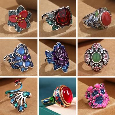 Bague réglable en émail de Style ethnique Vintage pour femmes, fleur de pivoine bleue, mode florale de luxe, bijoux de fête de vacances, cadeaux