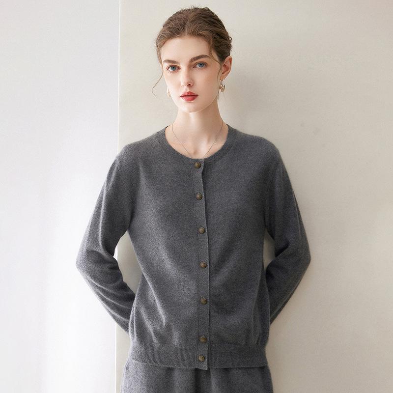 Women's 100% Pure Cashmere Round Neck Button-Up Long Sleeve Cardigan Coat - Autumn Collection