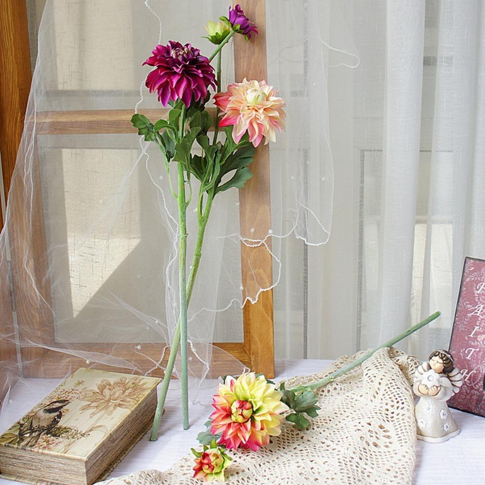 Real Touch Simulation Dahlia Flower 2 Heads Silk Chrysanthemum Flower  Wedding Party Decor