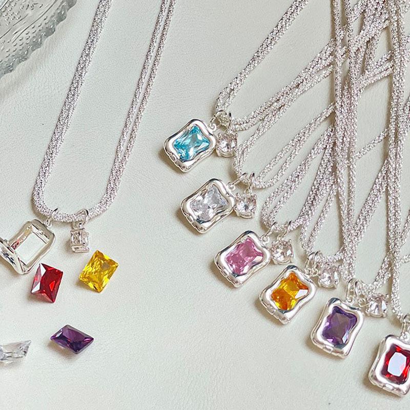 Silver Shiny Clavicle Chain Double-layer Necklace Square Pendant Replaceable for Six Colors Pendant Female Lover Gift