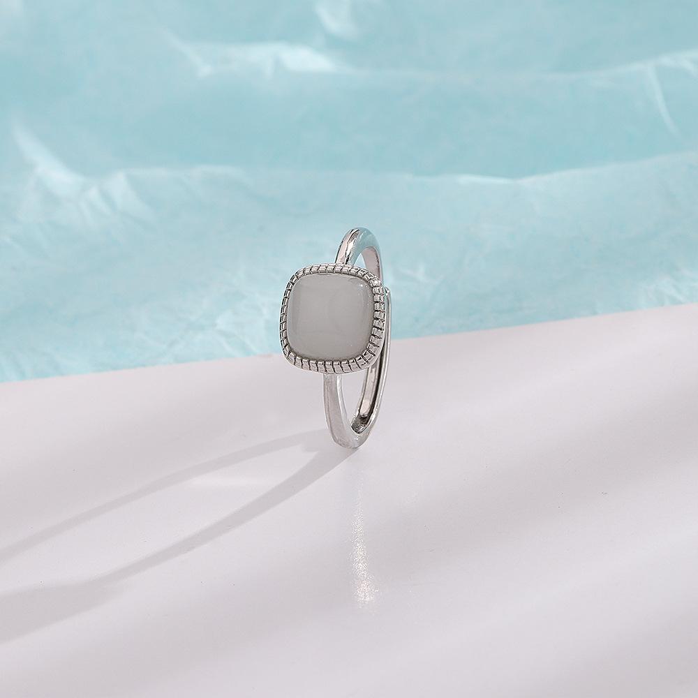 Three-dimensional Design Hetian Jade Square Open Ring Chinese Style Pattern Craft Light Luxury Women's Copper Zircon