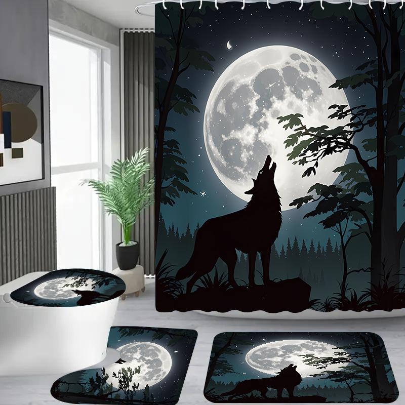 

Wolves Howling At Night Shower Curtain Set With 12 Hooks, Bathroom Mat, Toilet Seat Cover & U-Shaped Rug - Polyester, All-Season W60H190(CM)-1 Pcs